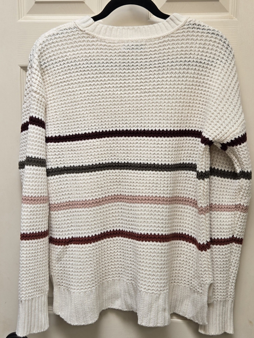 SO Cream Crewneck Sweater with Burgundy, Olive, and Blush Stripes, Medium